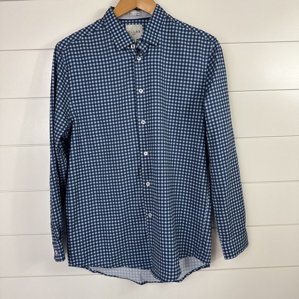 C-LAB NYC Slim Fit 4 Way Stretch Button Front Shirt Blue Check Print sz M